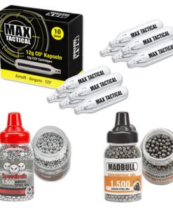 Zubehörset 4,5 mm BB für CO2 Luftdruckwaffen mit 3000 Stahlrundkugeln und 10 CO2 Kapseln Speedballs Madbull